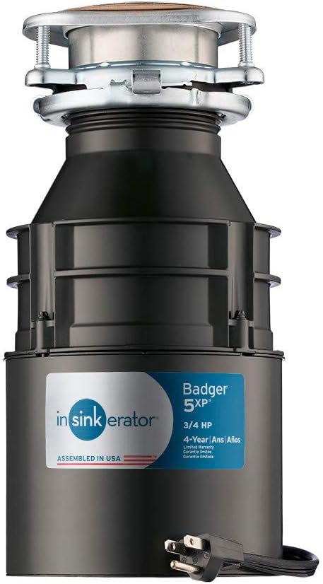 InSinkErator Badger 5XP Garbage Disposal with Power Cord, Standard Series 3/4 HP Continuous Feed Food Waste Disposer, Badger 5XP W/C