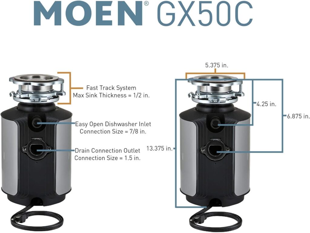 Moen GX50C Prep Series 1/2 HP Continuous Feed Garbage Disposal, Black  GXS75C Host Series 3/4 HP Continuous Feed Garbage Disposal with Sound Reduction, Power Cord Included