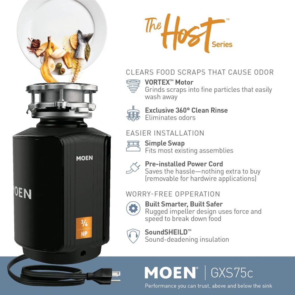 Moen GX50C Prep Series 1/2 HP Continuous Feed Garbage Disposal, Black  GXS75C Host Series 3/4 HP Continuous Feed Garbage Disposal with Sound Reduction, Power Cord Included